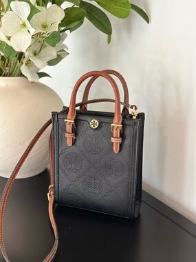 Tory Burch Black Perforated Leather Satchel with Brown Handles
